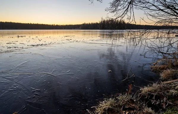 Piękne Ujęcie Jeziora Tłem Drzew Podczas Zachodu Słońca Zimie — Zdjęcie stockowe