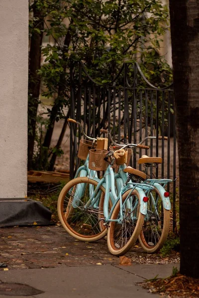 Вертикальный Снимок Припаркованных Синих Велосипедов Обочине Дороги — стоковое фото