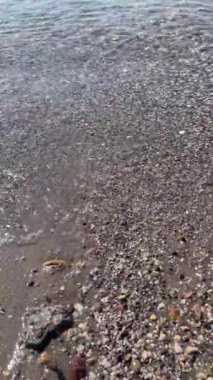 Güneşli bir günde dalgalı taşlı plajın dikey görüntüsü.