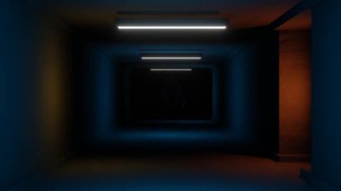 Yanıp sönen ışıklar ve yaklaşan bir hayaletle uzun, ürkütücü, gizemli bir tünelin dijital görüntüsü.