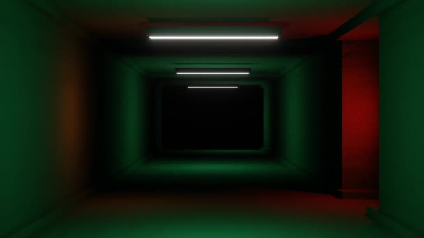 Largo Túnel Misterioso Espeluznante Con Luces Verdes Rojas Iluminadas Parpadeantes — Vídeos de Stock