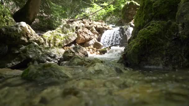 Het Uitzicht Een Waterval Omringd Door Mossige Rotsen Het Bos — Stockvideo