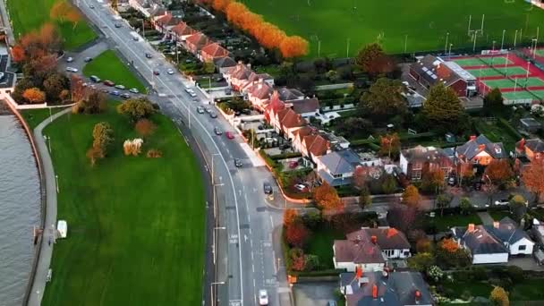 Zdjęcia Lotnicze Drogi Pobliżu Domów Jesiennych Drzew Kortów Tenisowych Dublinie — Wideo stockowe
