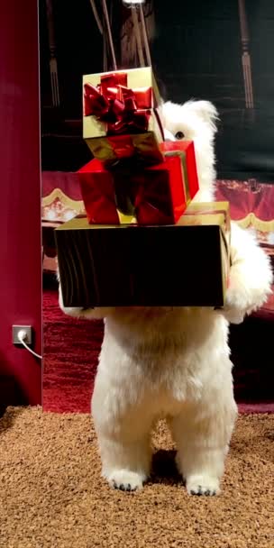 クリスマスプレゼントを持ったホッキョクグマのぬいぐるみの垂直ショットとスイング — ストック動画