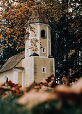 Ormandaki renkli sonbahar ağaçlarıyla çevrili küçük bir kilisenin dikey seçici odağı.