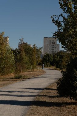Erkeğin Vitoria Gasteiz, İspanya 'daki Zabalgana parkında yürürken çekilmiş dikey bir fotoğrafı.
