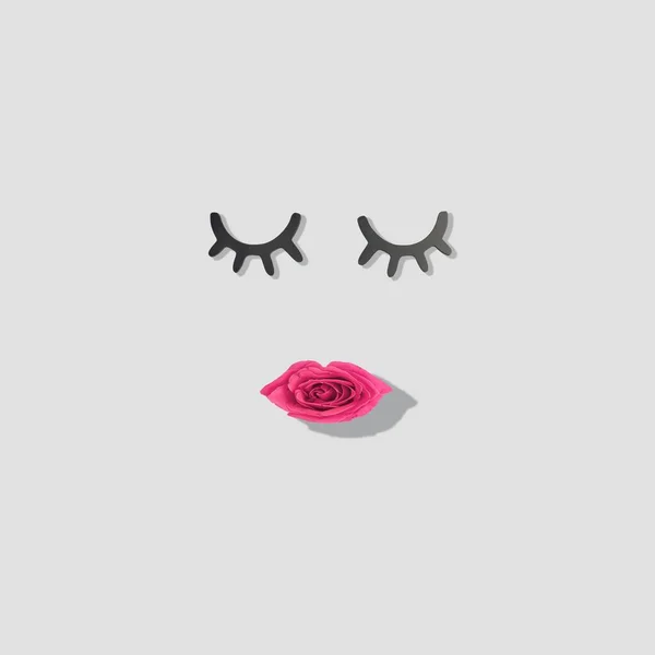 Creative Woman Face Illustration Made Eyelashes Pink Rose Flower Lips — Stock Photo, Image