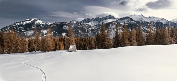 Una Trayectoria Sobre Nieve Blanca Que Conduce Las Montañas Los —  Fotos de Stock