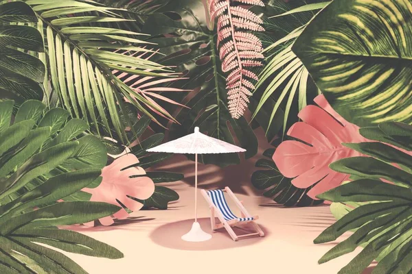 Een Gerenderde Ligstoel Parasol Prachtige Exotische Tuin — Stockfoto