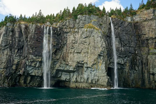 Two Tall Waterfalls Coming Cliff Newfoundland Canada — Stock Photo, Image