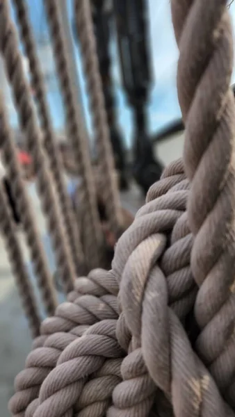 主マストと帆を保持古い帆船にロープや談合の垂直閉鎖 — ストック写真