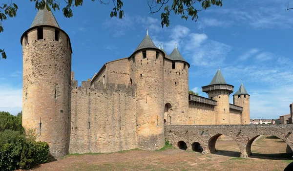 Castello Comtal Nel Centro Storico Medievale Con Fossato Asciutto Ponte — Foto Stock