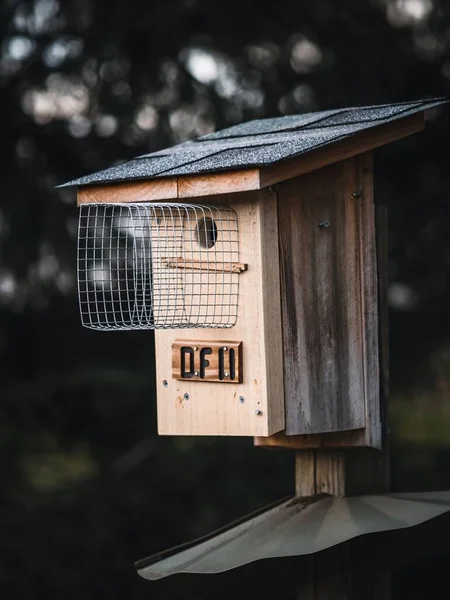 自然の中でボケとぼやけた背景にかわいい小さな木製の鳥の家の垂直閉鎖 — ストック写真