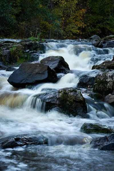 Μια Κάθετη Λήψη Ενός Βραχώδους Ποταμού Που Ρέει Στο Δάσος — Φωτογραφία Αρχείου