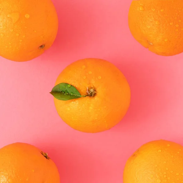 Apelsiner Med Dagg Levande Rosa Bakgrund — Stockfoto