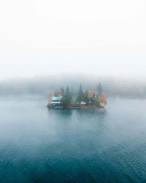 Vertical Shot House Small Island Trees Covered Fog — Stock Photo, Image