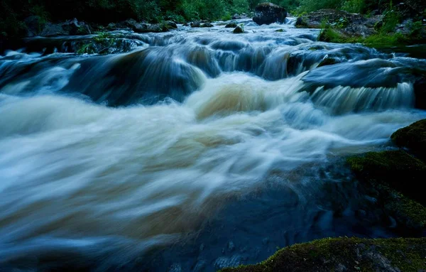 Foamy River Flowing Big Rocks Forest Long Exposure — Stock Photo, Image