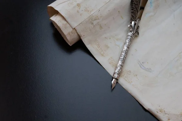 Primo Piano Una Penna Carta Pergamena Calligrafia — Foto Stock