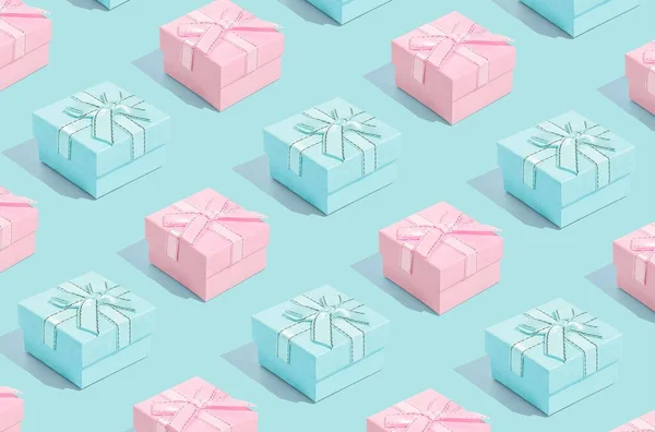 Fondo Composición Mínima Pastel Rosa Azul Cajas Regalo Navidad Sobre —  Fotos de Stock