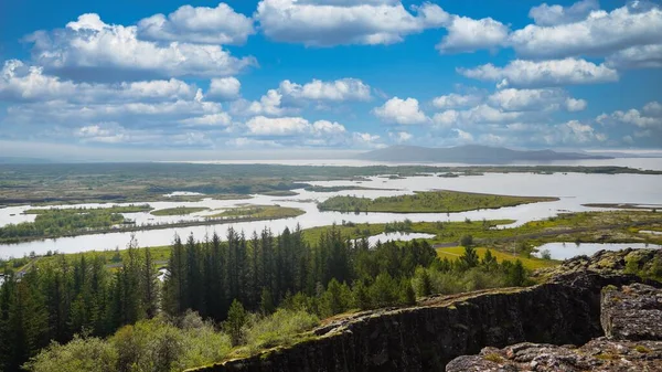 Живописный Вид Зелень Побережья Частично Облачным Небом Исландии — стоковое фото