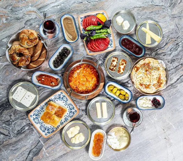 Top View Gourmet Middle Eastern Lunch Breakfast Food Chai Granite — Stock Photo, Image