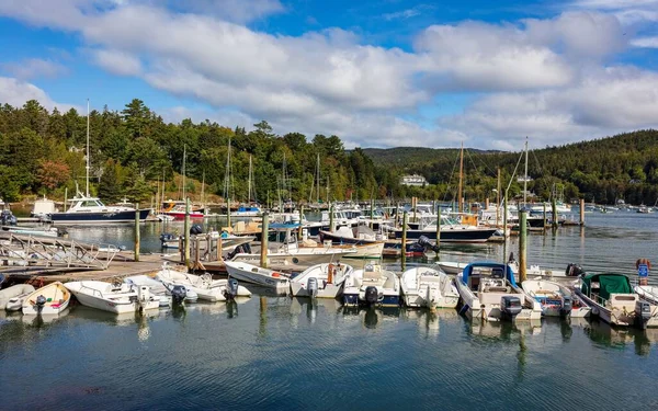 Uma Vista Panorâmica Porto Com Barcos Estacionados Com Árvores Costeiras — Fotografia de Stock