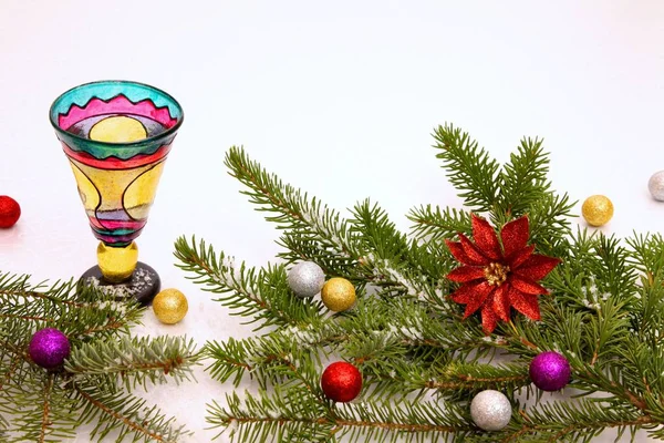 Decoração Natal Composta Por Uma Taça Champanhe Bolas Brilhantes — Fotografia de Stock
