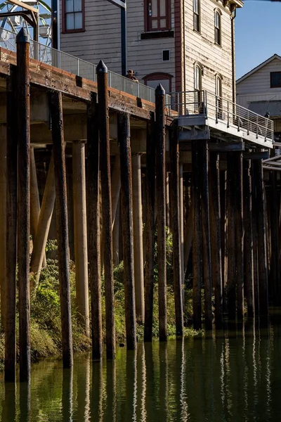 川の上に橋を架ける木製の柱の垂直ショット — ストック写真