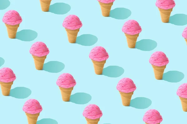 Pink Strawberry Ice Cream Pattern Pastel Blue Background Summer Concept — Stock Photo, Image