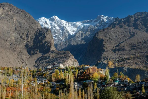 Pakistan Hunza Karla Kaplı Dağları Olan Sonbahar Ağaçlarının Manzarası — Stok fotoğraf