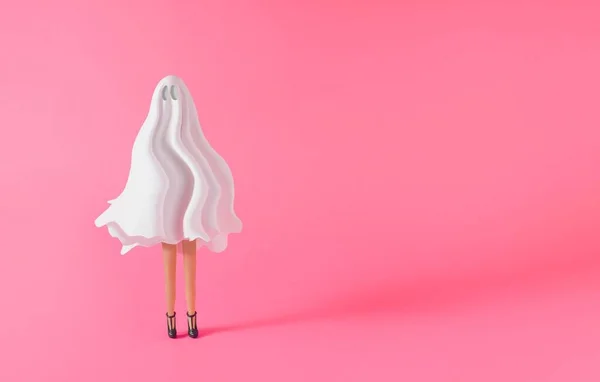 Renderowania Dziewczyny Stroju Ducha Pastelowym Różowym Tle Koncepcja Halloween — Zdjęcie stockowe
