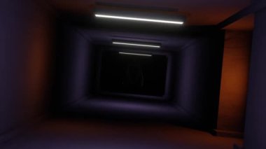 Yanıp sönen ışıklar ve yaklaşan bir hayaletle uzun, ürkütücü, gizemli bir tünelin dijital görüntüsü.