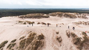 Rabjerg Mile sahilindeki Skagen, Danimarka 'da mavi gökyüzü olan deniz kenarındaki insanların insansız hava aracı görüntüsü.