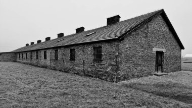 Polonya 'nın Oswiecim kentindeki Auschwitz toplama kampındaki bir binanın gri tonlu görüntüsü