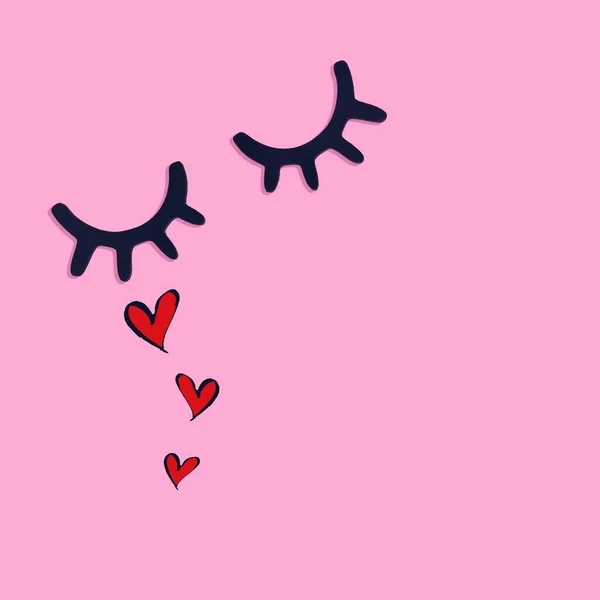 Pembe Arka Plandaki Kirpikler Kalp Çizimleri Sevgililer Günü Konsepti — Stok fotoğraf