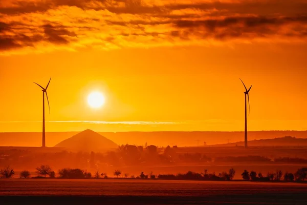 Sunrise View Wind Turbines Mining Heaps Copper Mines South Harz — Stock Photo, Image