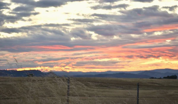 畑の向こうに沈む夕日の美しい風景 — ストック写真