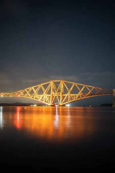 Beautiful Scenery Famous Forth Rail Bridge Illuminated Night Lights Reflected — Stock Photo, Image