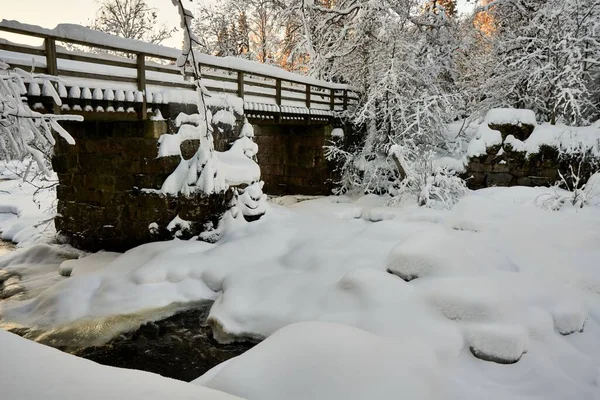 Vacker Bild Gångbro Över Frusen Flod Vintern — Stockfoto
