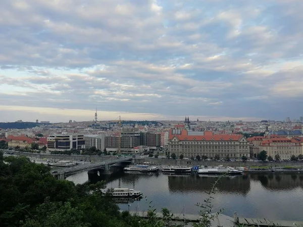 Vzdušný Výhled Panorama Prahy Vltavy Pod Jasnou Oblohou — Stock fotografie