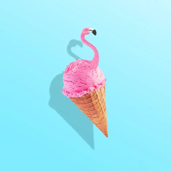 Pastel Mavi Arka Planda Dondurma Külahında Boyutlu Pembe Bir Flamingo — Stok fotoğraf