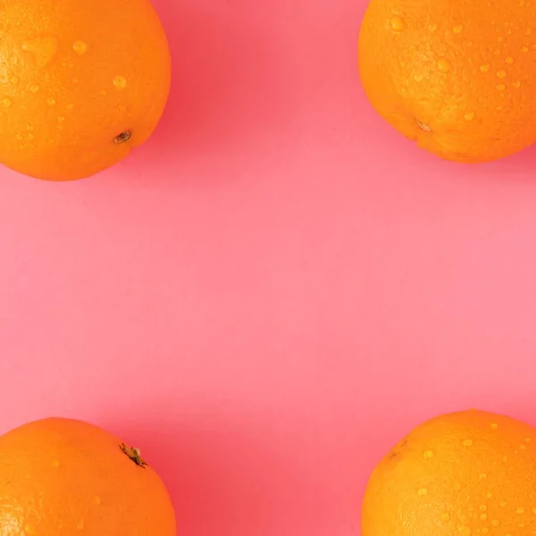 Sinaasappels Met Dauw Levendige Roze Achtergrond Met Kopieerruimte Het Midden — Stockfoto
