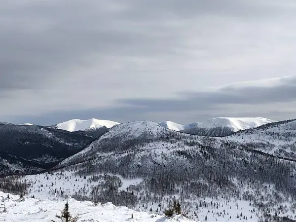 Belo Cenário Montanhas Nevadas Céu Cinza Nublado — Fotografia de Stock