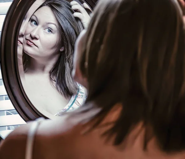 Young Caucasian Woman Looking Herself Vanity Mirror Checking Her Hair — Stock Photo, Image