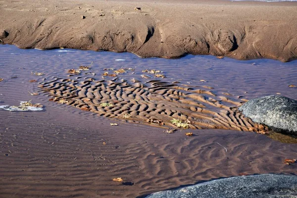 晴れた日には水たまりがある砂浜の岩の景色 — ストック写真