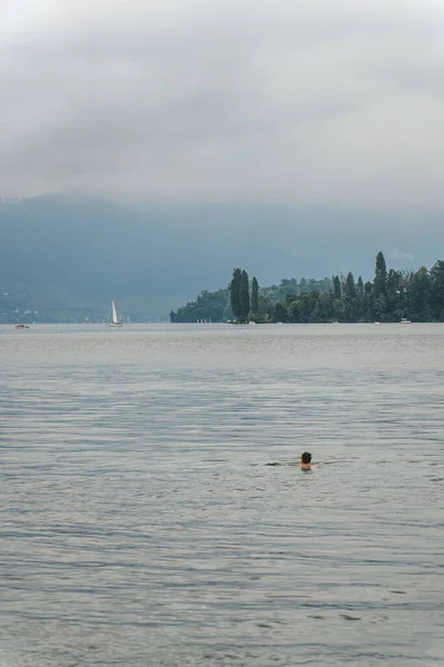 Vue Verticale Homme Nageant Dans Paisible Lac Des Quatre Cantons — Photo
