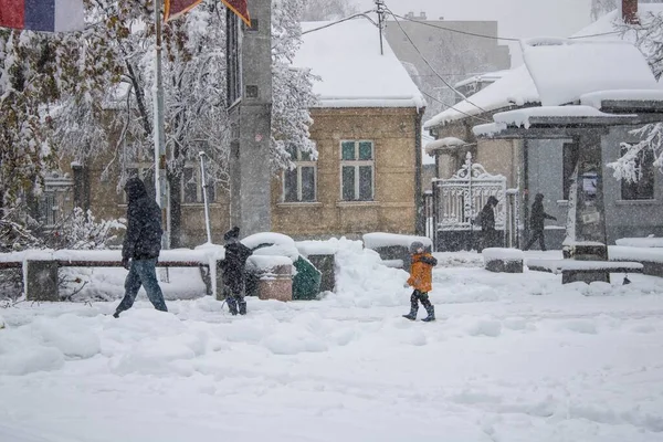 Egy Csapat Ember Sétál Odakint Hóviharban Téli Varázslat — Stock Fotó