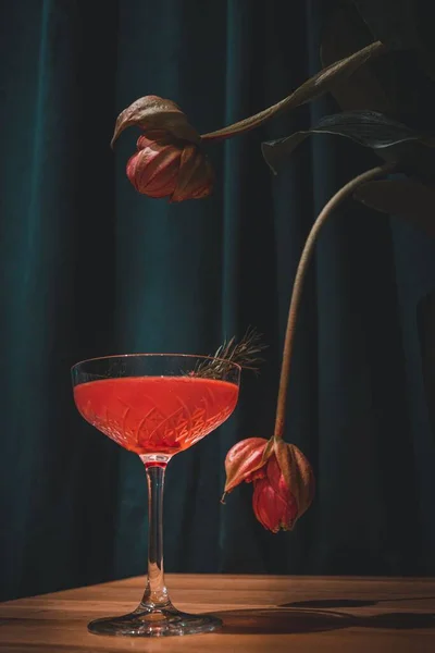 Closeup Red Cocktail Beautiful Garnish Dark Textile Background — Stock Photo, Image