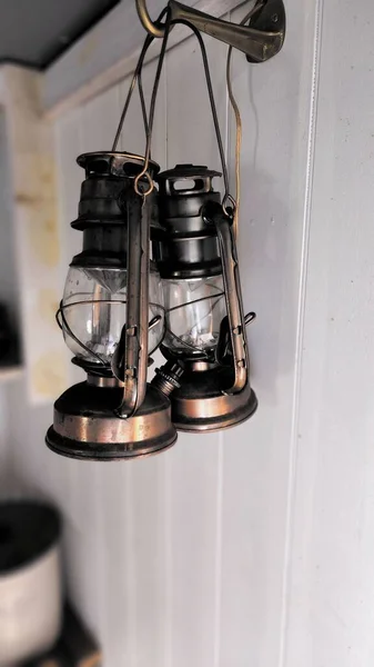 Vertical Shot Vintage Kerosene Lamps Hang Wall — Stock Photo, Image