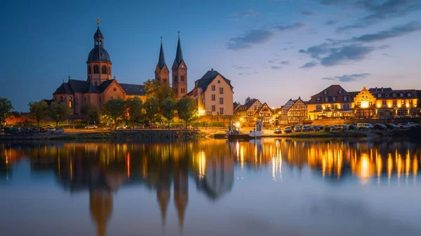 德国黑森州塞利根施塔特的一座大教堂的美丽的照片 傍晚时分 在主河畔 — 图库照片